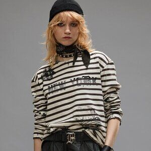 R13 Off White Cotton PATCH BRETON Striped New York Print Tee T-Shirt Top S